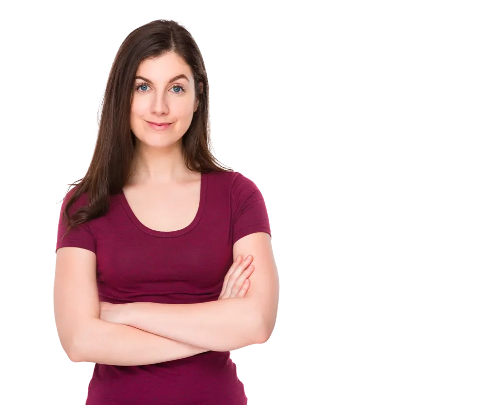 lady with purple shirt and crossed arms, smiling
