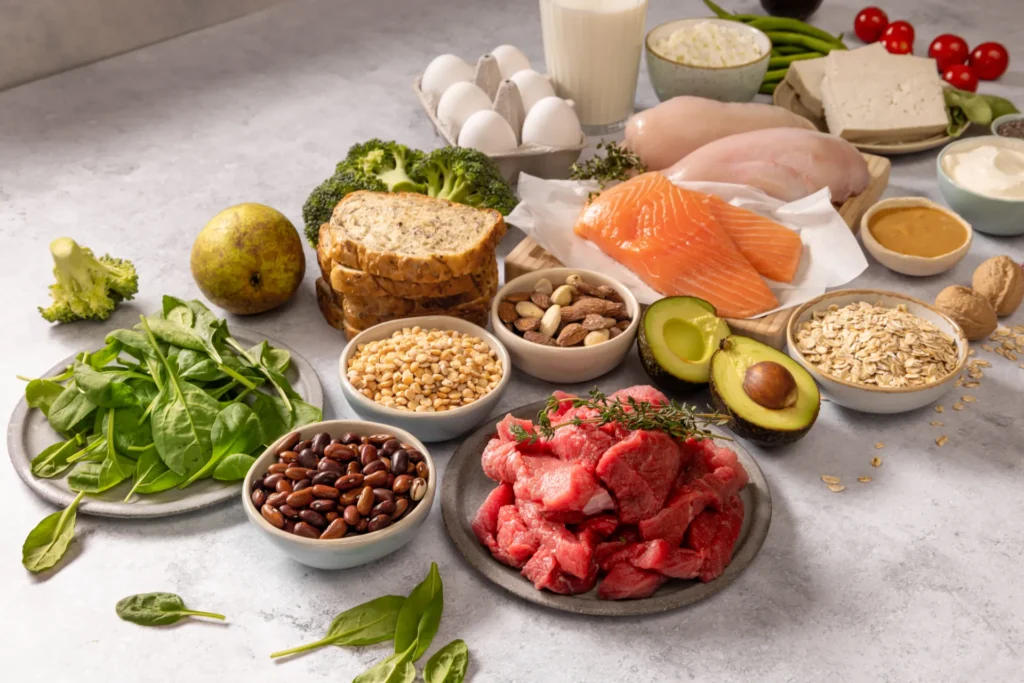 Varietà di alimenti ricchi di Ferro disposti su un tavolo: carne, salmone, uova, latte, legumi, cereali, pane integrale, frutta, verdure a foglia verde, avocado, frutta secca e tofu.