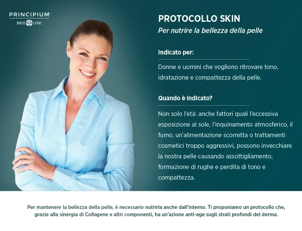 Scheda del protocollo SKIN, con una donna sorridente a braccia incrociate e la descrizione del protocollo