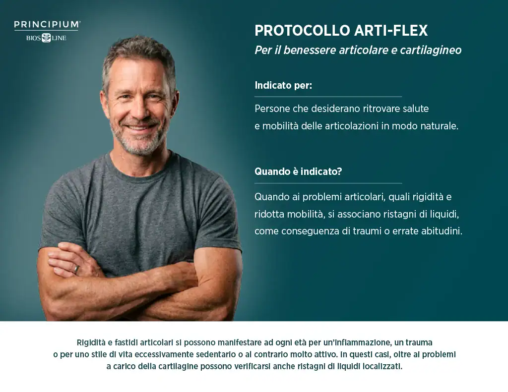 Scheda del protocollo ARTI-FLEX, con un uomo sorridente a braccia incrociate e la descrizione del protocollo