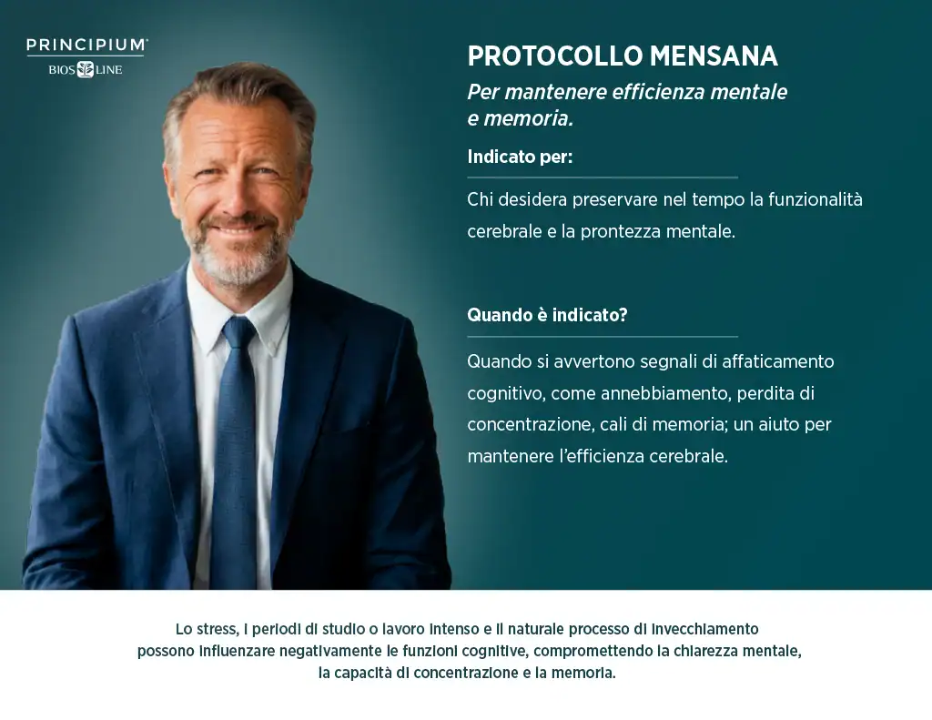 Scheda del protocollo MENSANA, con un uomo di mezza età elegante e la descrizione del protocollo