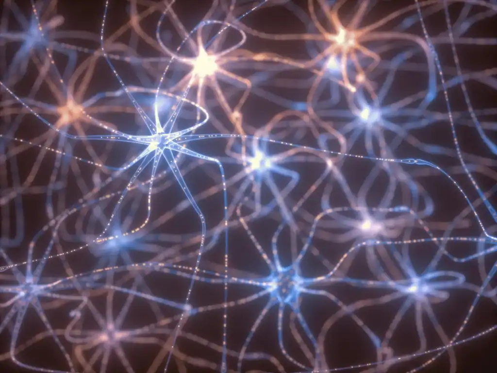 Rappresentazione grafica di neuroni e connessioni neuronali illuminate, simbolo dell’attività e delle funzioni cerebrali.